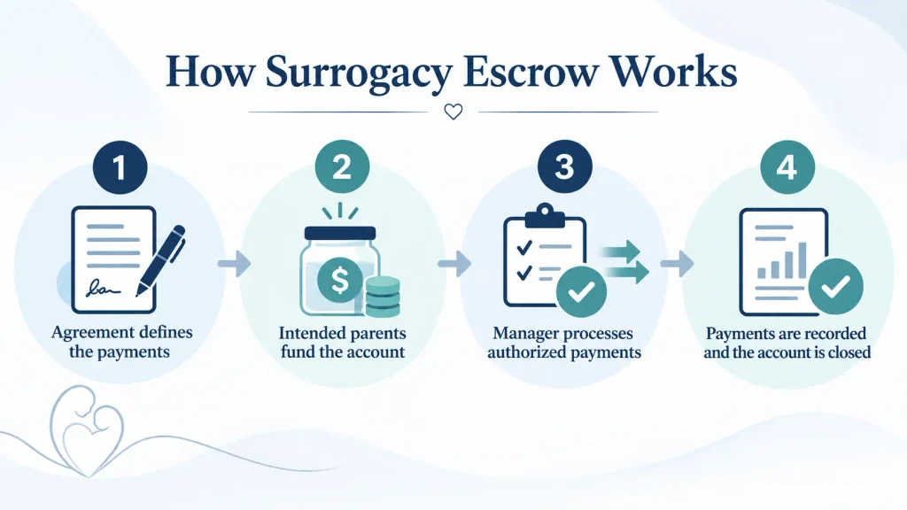 Four stages of surrogacy escrow account management: setting payment terms, funding the account, processing authorized payments, and recording and closing the account.